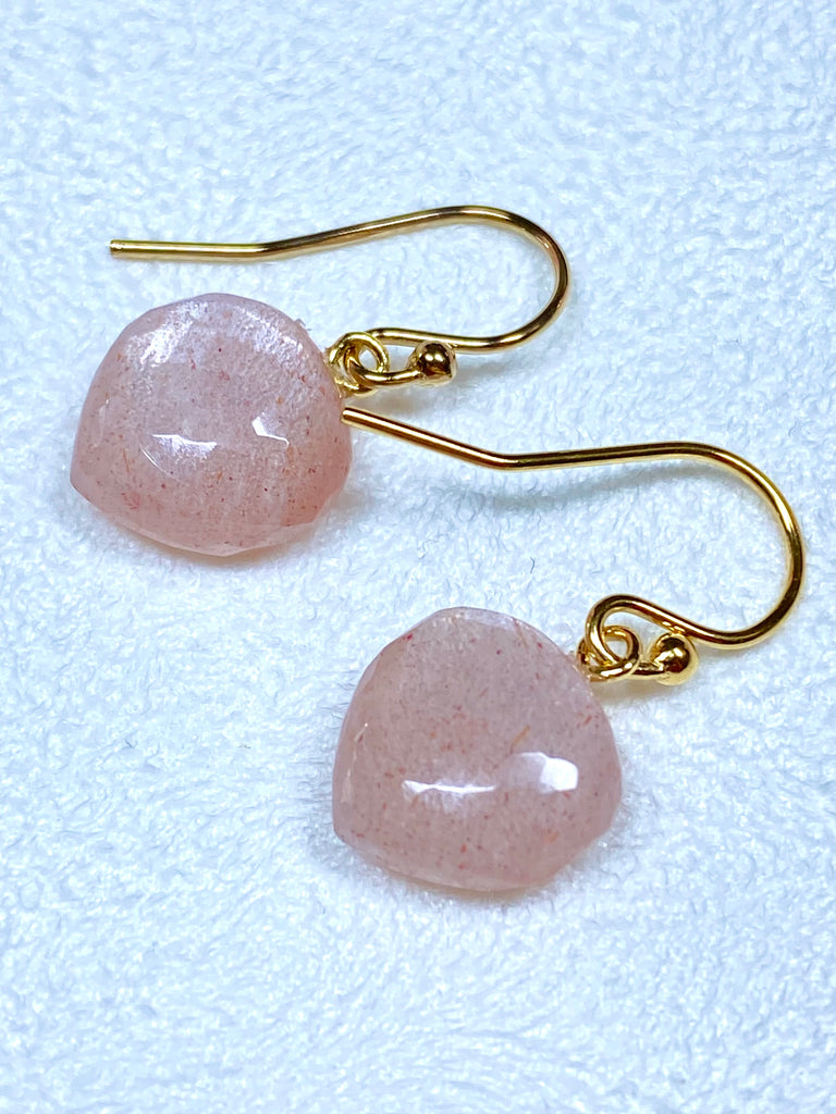 Silver Pink Moonstone Gemstone Heart Dangle Earrings 14k Gold Fill