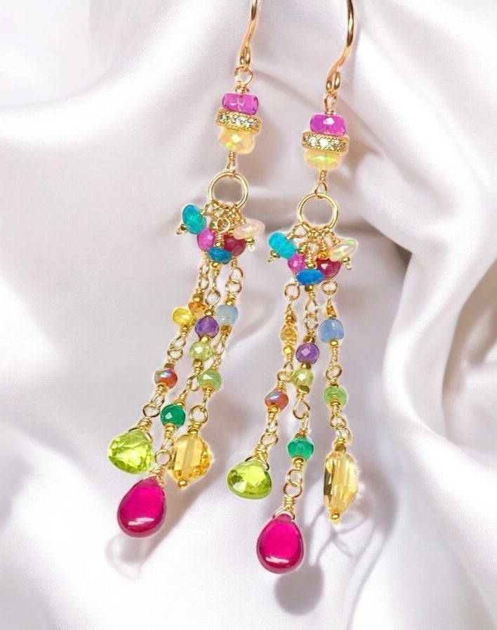 Multi Gemstone Gold Fill Long Dangle Earrings with Peridot, Citrine, Rubellite