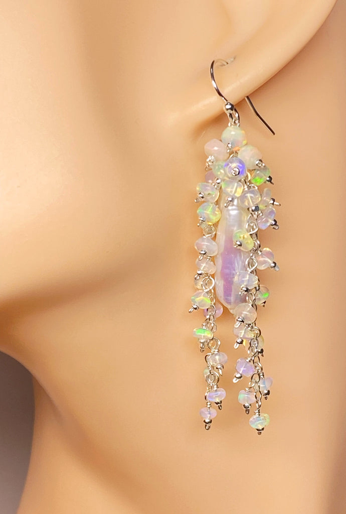 Pearl, Ethiopian Opal Statement Earrings, Bridal Earrings, Sterling Silver