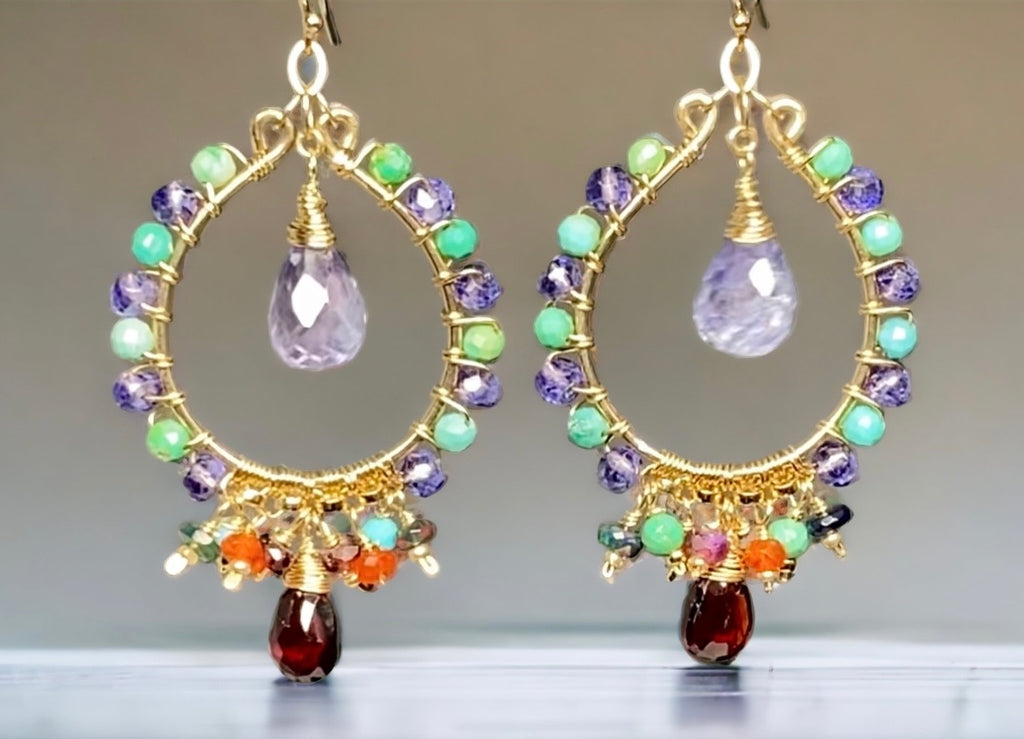 Gold Hoop Chandelier Earrings Iolite, Turquoise, Garnet, Opal