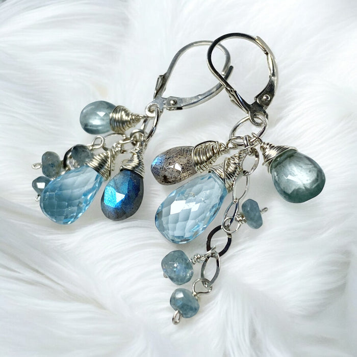 Moss Aquamarine, Blue Topaz, Labradorite Dangle Earrings Sterling Silver