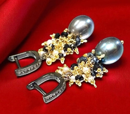 Black Pearl Earrings with White Pearl and Black Spinel Clusters Lever Back