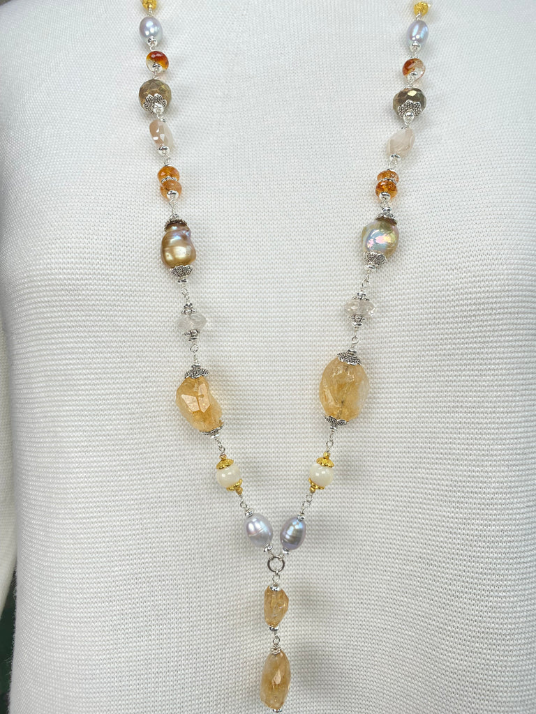 Citrine and Gold White Baroque Pearl Long Sautoir Necklace Sterling Silver — Pyrite Moonstone Crystal Quartz