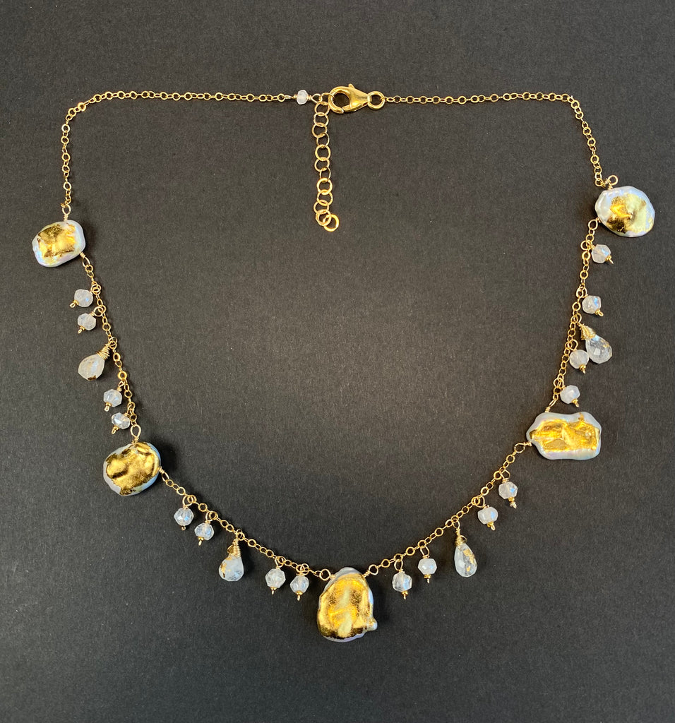 Keishi Pearl 24kt Gold Leaf Boho Dangle Necklace with Rainbow Moonstone