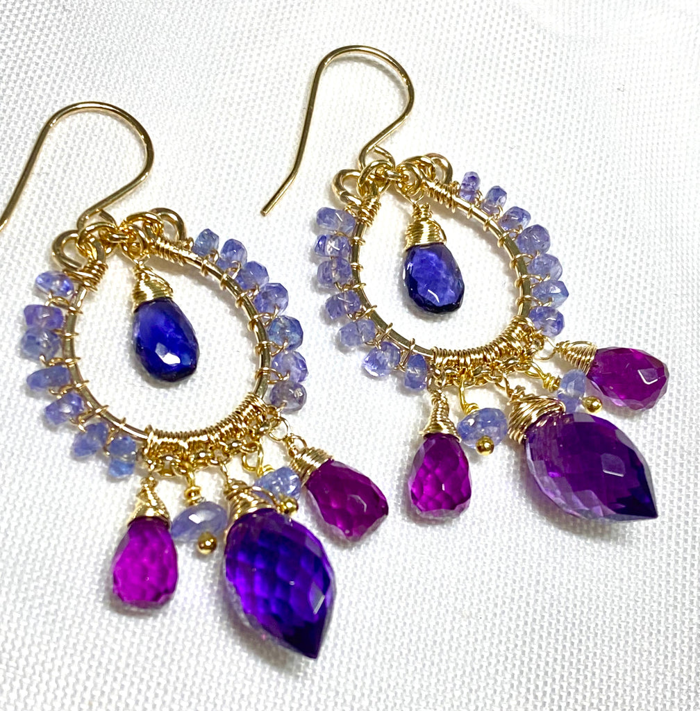 Tanzanite iolite amethyst violet quartz chandelier earrings in 14kt gold fill on plain white background showing full earring length