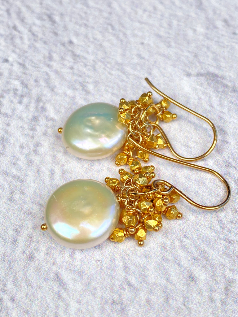 Ivory Coin Pearl Earrings with Gold Vermeil Nugget Clusters