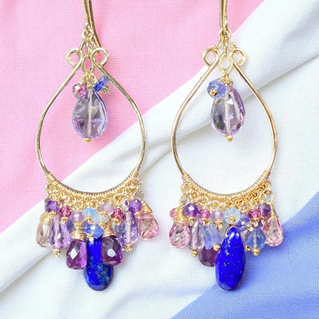 Gemstone Statement Chandelier Earrings in Pink, Lavender, Blue, Purple 3
