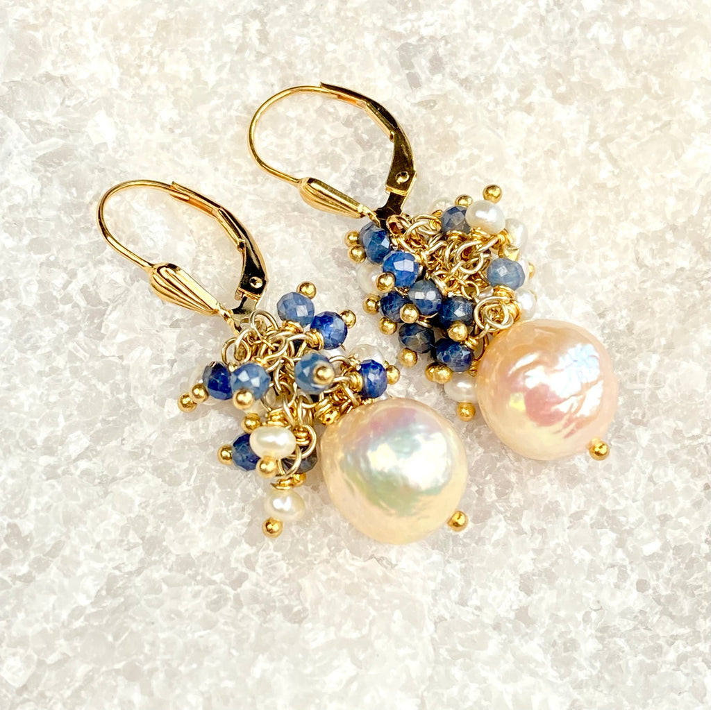 Blue Sapphire and Pearl Cluster Earrings Gold Fill