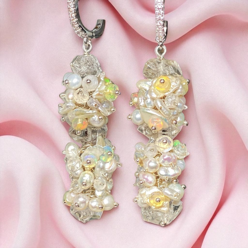 Herkimer Diamond Welo Ethiopian Opal Cluster Earrings Sterling Silver