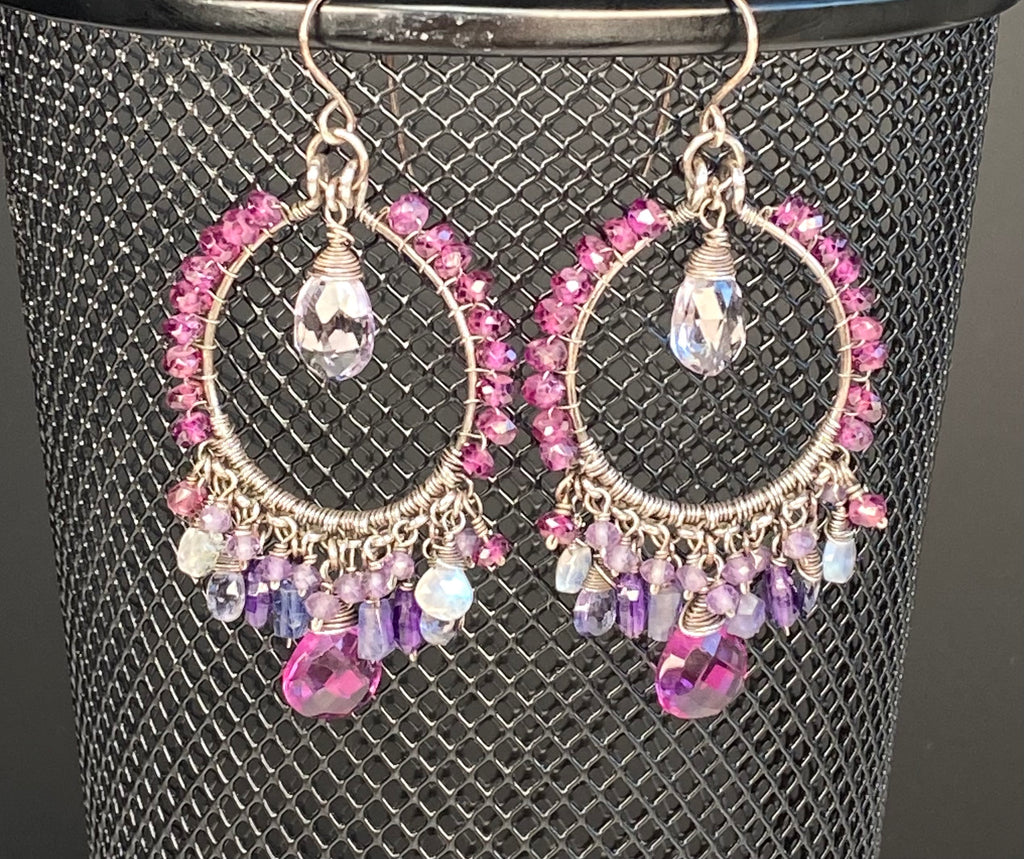 Rhodolite Garnet and Blue Violet Gemstone Chandelier Hoop Earrings - Doolittle
