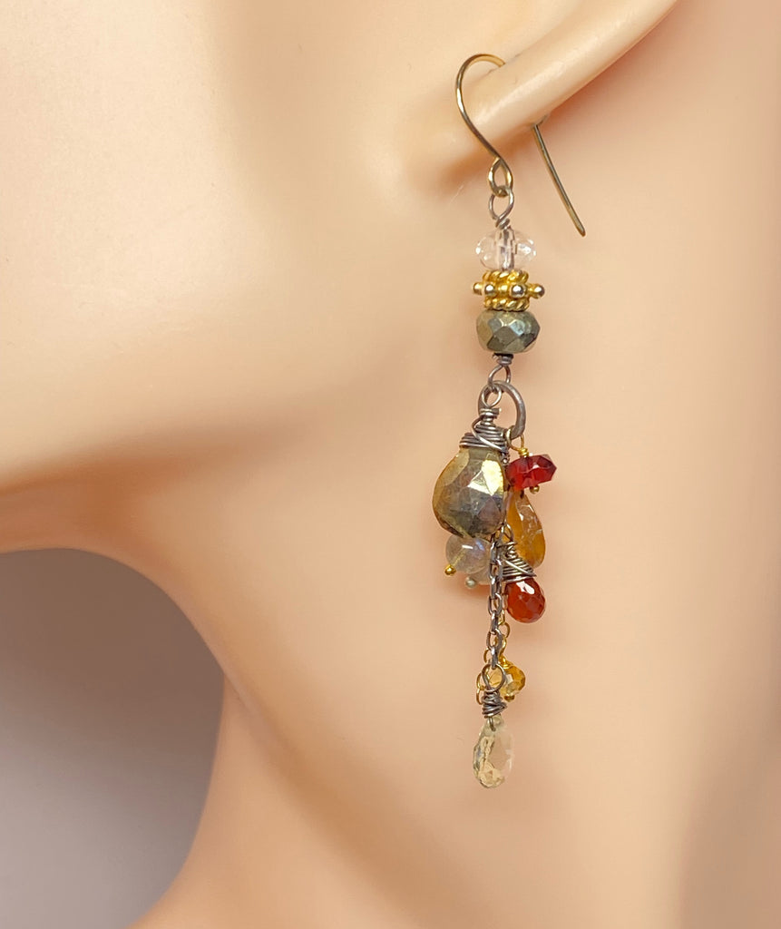 Pyrite Garnet Mixed Metal Long Dangle Earrings