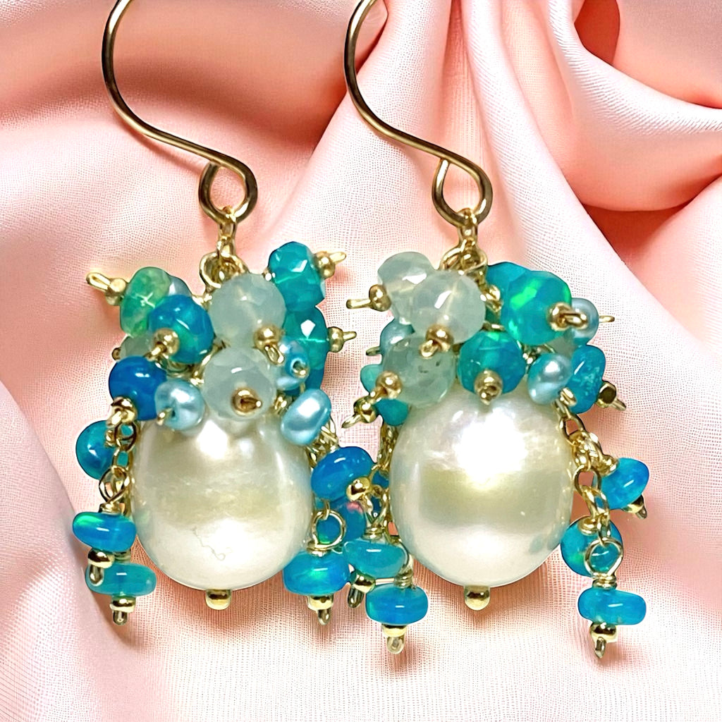 Aqua Gemstone Pearl Cluster Earrings with Opals