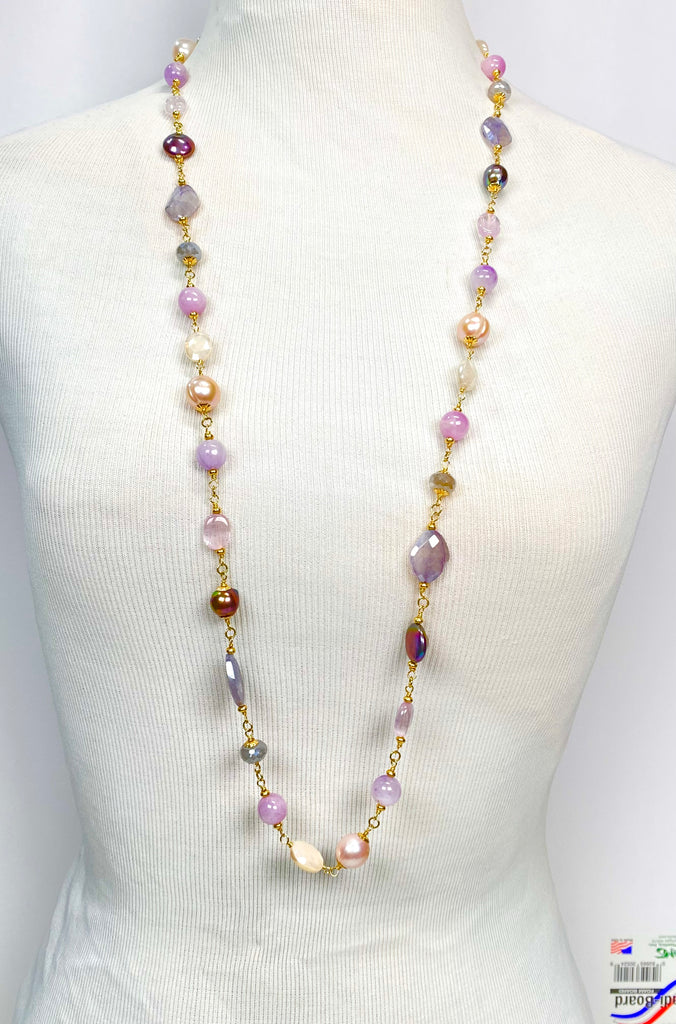 Long Multicolor Gem Stone Necklace Gold, Kunzite, Blue Sapphire, Moonstone, Pearl