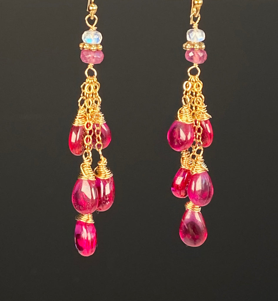 Pink Rubellite Tassel Earrings, Gold Fill
