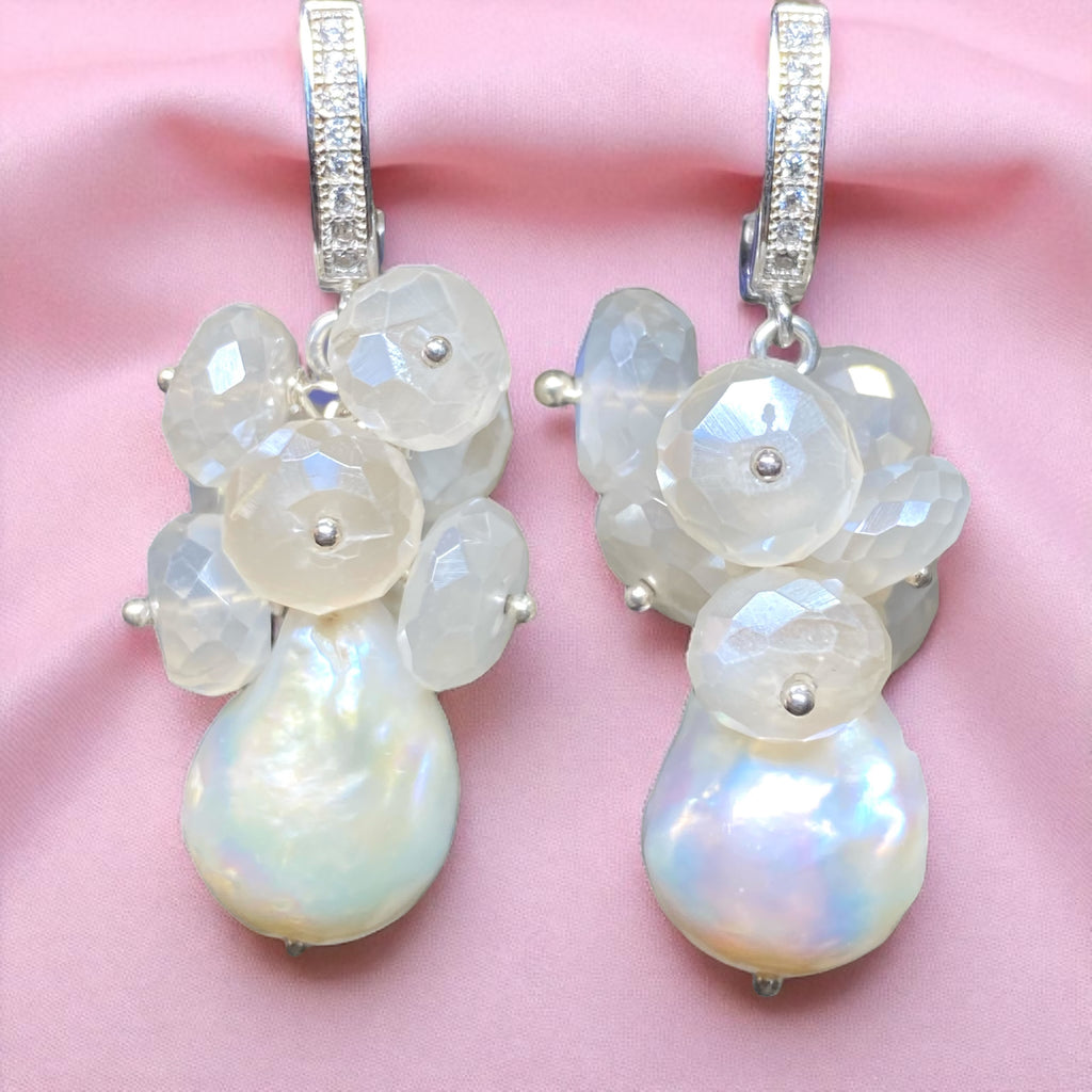 Baroque Pearl and Mystic Moonstone Sterling Silver Bridal Gemstone Cluster Earrings