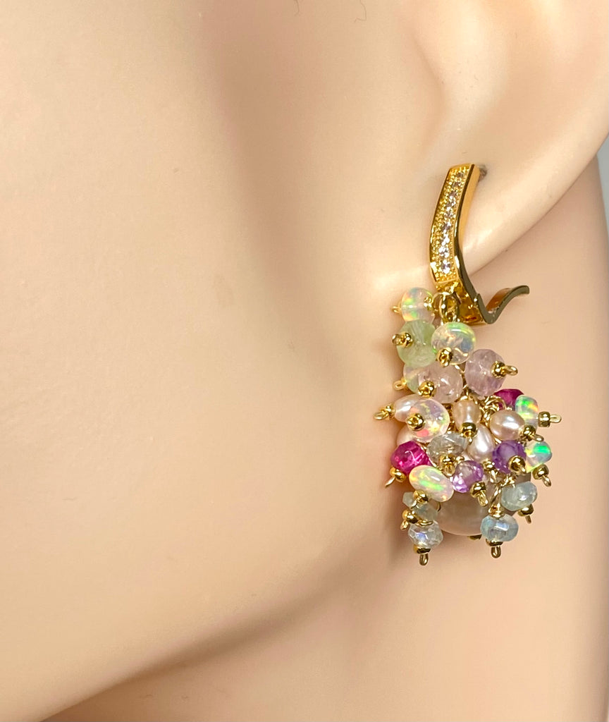 Pink Edison Pearl Opal Tourmaline Cluster Wedding Earrings Gold Fill - Bridal Jewelry - Doolittle