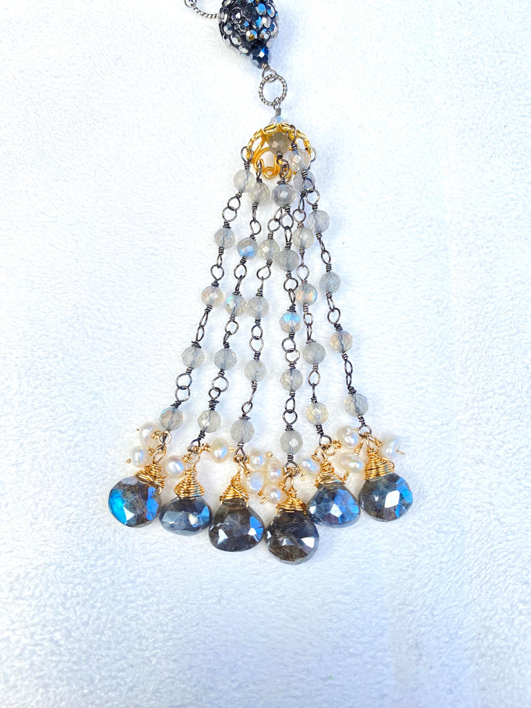 Mystic Labradorite Tassel Pendant Necklace with Marcasite & Spinel — Oxidized Sterling Silver & 14k Gold Fill
