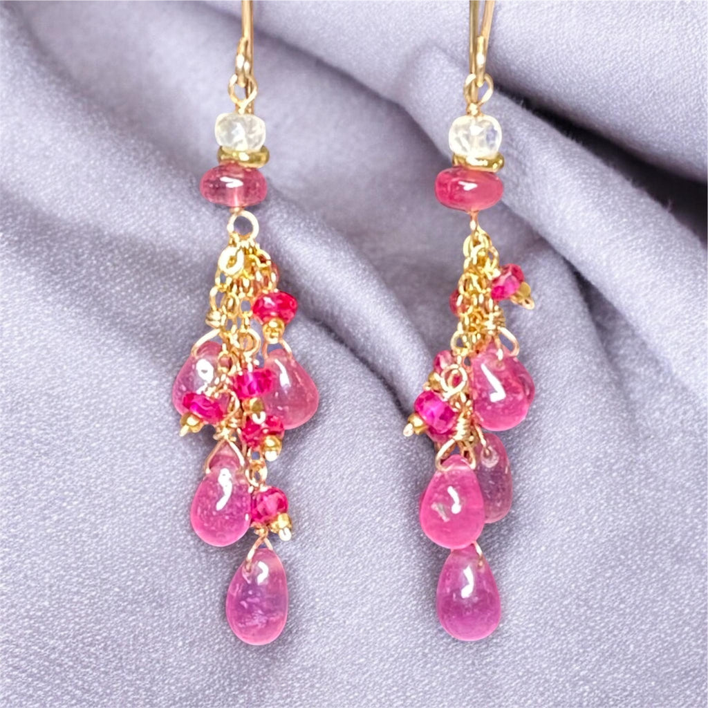 Pink Sapphire and Ruby Tassel Earrings, Gold Fill - Doolittle