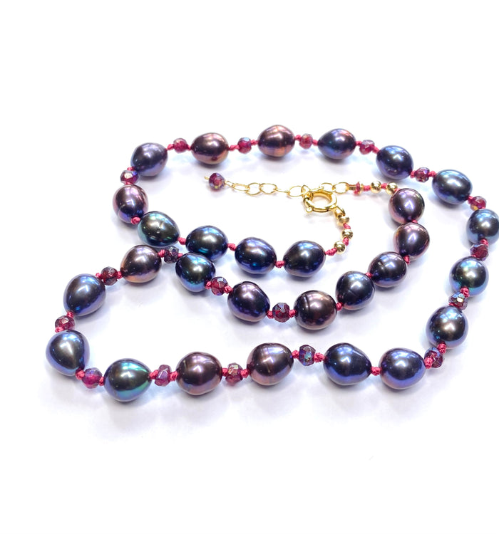 Peacock Pearl & Mystic Garnet Silk-Knotted Necklace with Gold-Filled Finishing