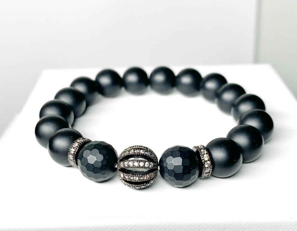 Black Onyx Stretch Bracelet with Black Pave CZ
