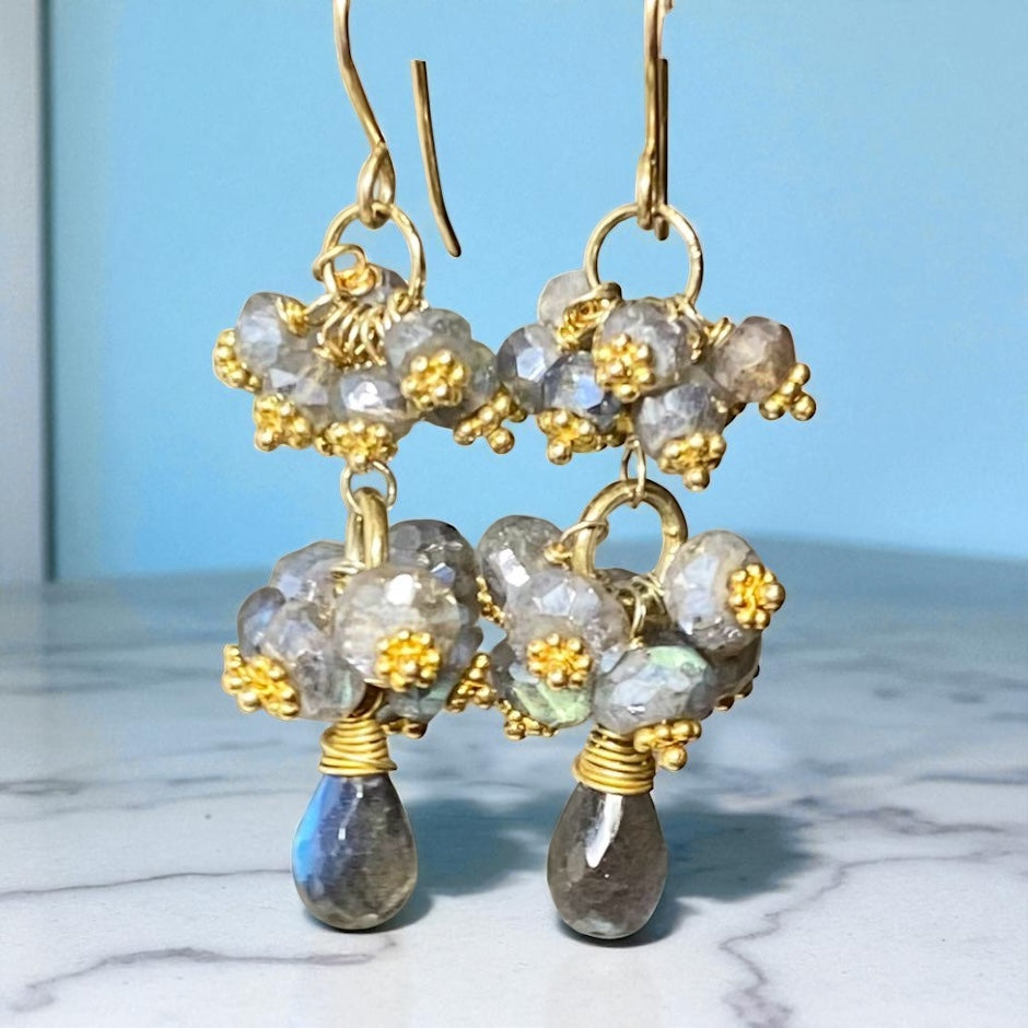 Mystic Labradorite Cluster Earrings Gold Vermeil