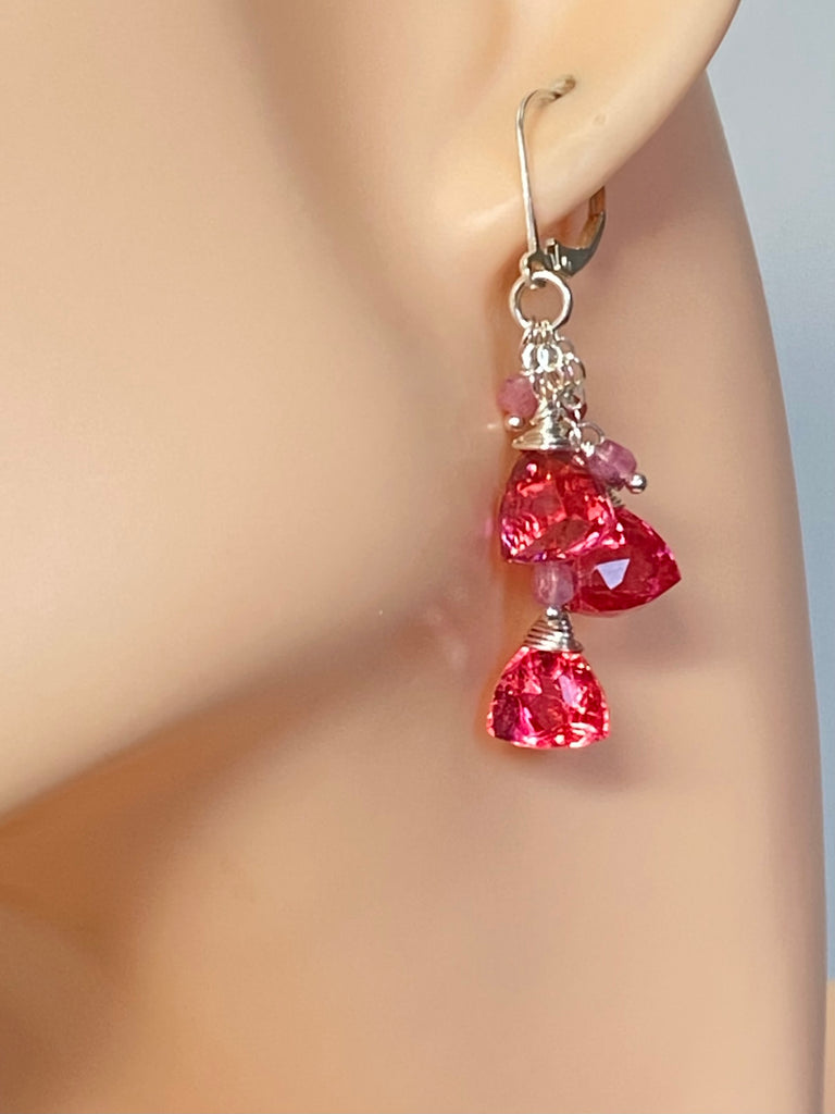 Pink Tourmaline and Quartz Dangle Earrings Sterling Silver