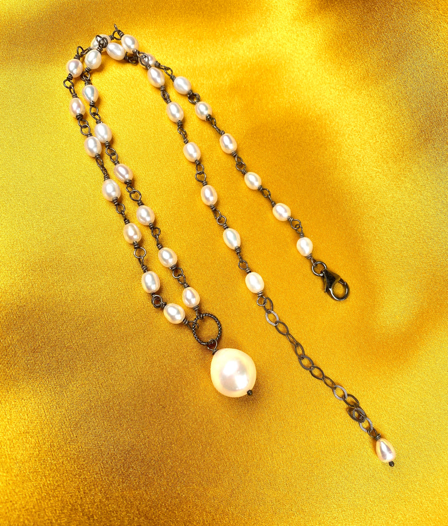 Baroque Pearl Pendant Necklace in Oxidized Sterling Silver