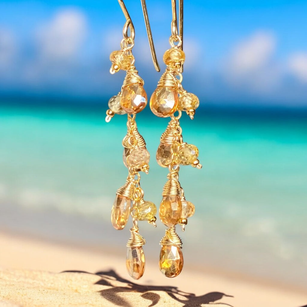 Golden Topaz and Natural Zircon Dangle Earrings Gold Fill 3