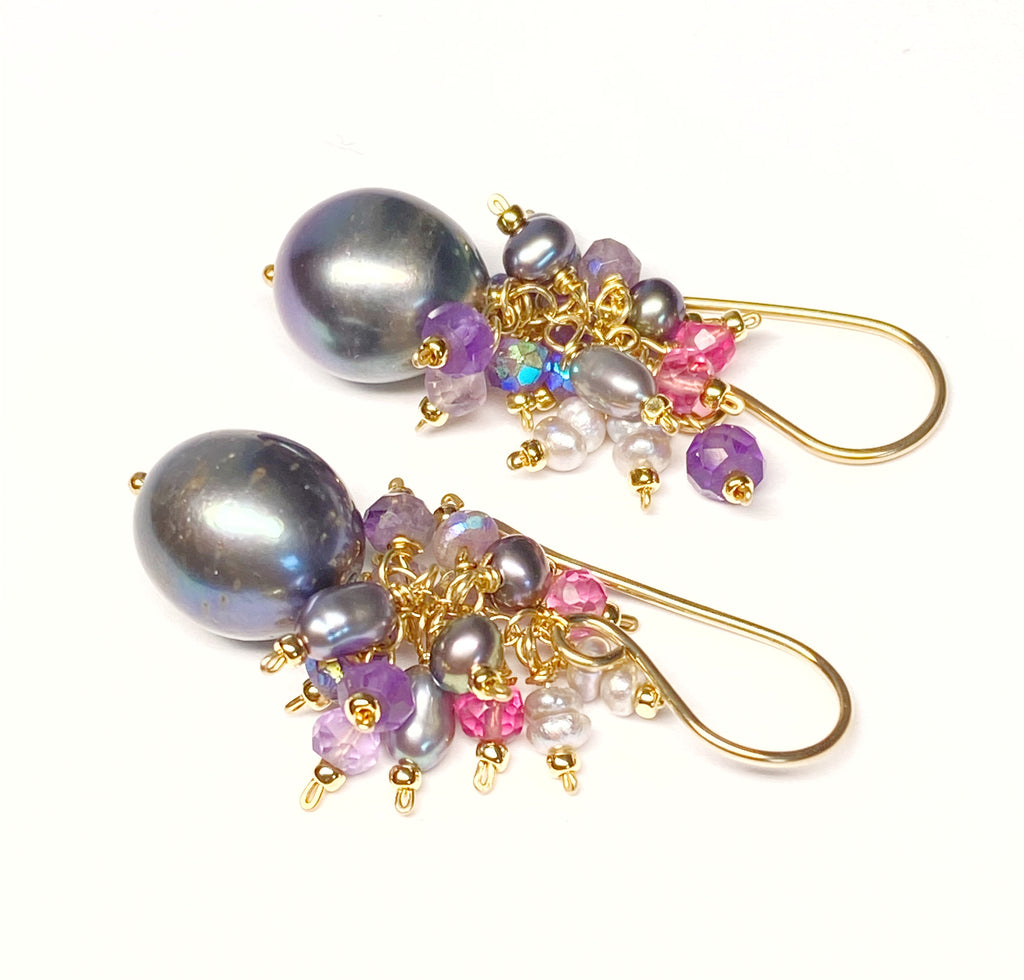 Black Peacock Pearl Earrings Amethyst and Pink Gemstone Clusters Gold Fill