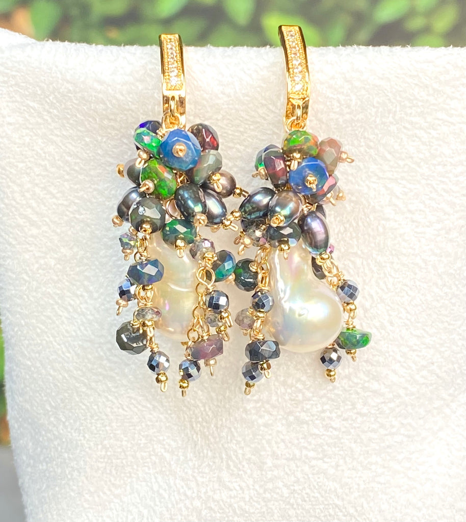 Baroque Pearl Earrings Black Ethiopian Opal Gold Fill Cluster