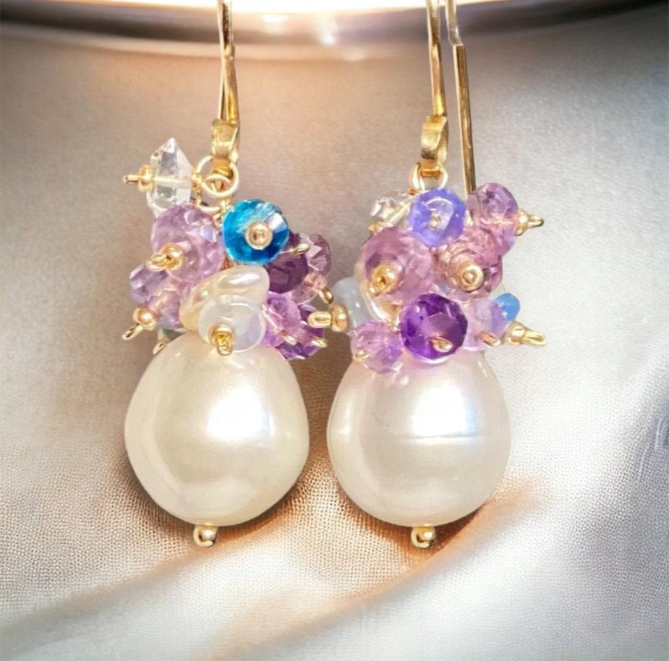 Gemstone Cluster Pearl Earrings Amethyst Tanzanite Gold