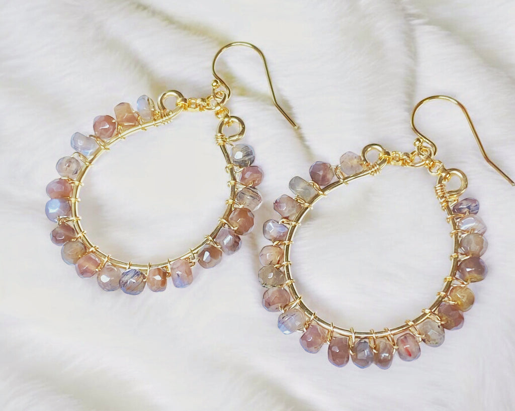 Chocolate Moonstone Hoop Earrings, Gold Fill, Sterling Silver