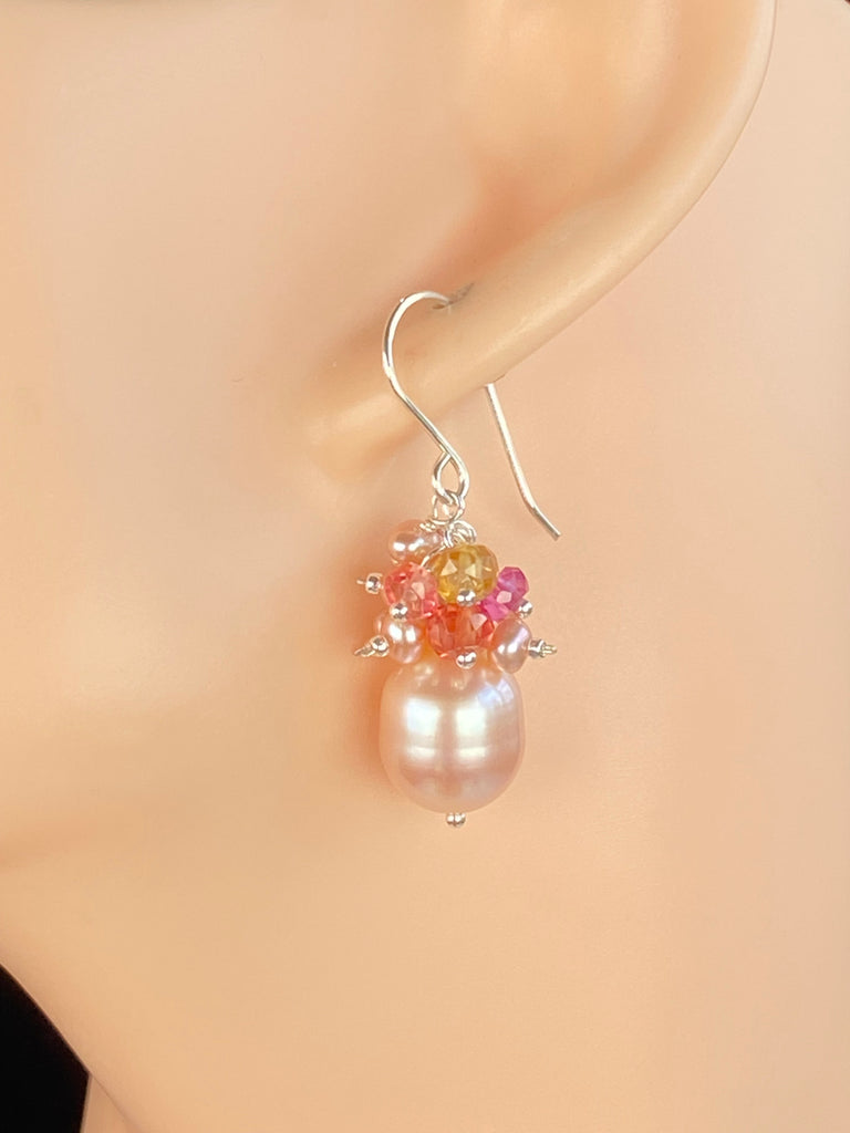 Blush Pink Pearl Cluster Earrings with Padparadscha Sapphires, Sterling Silver