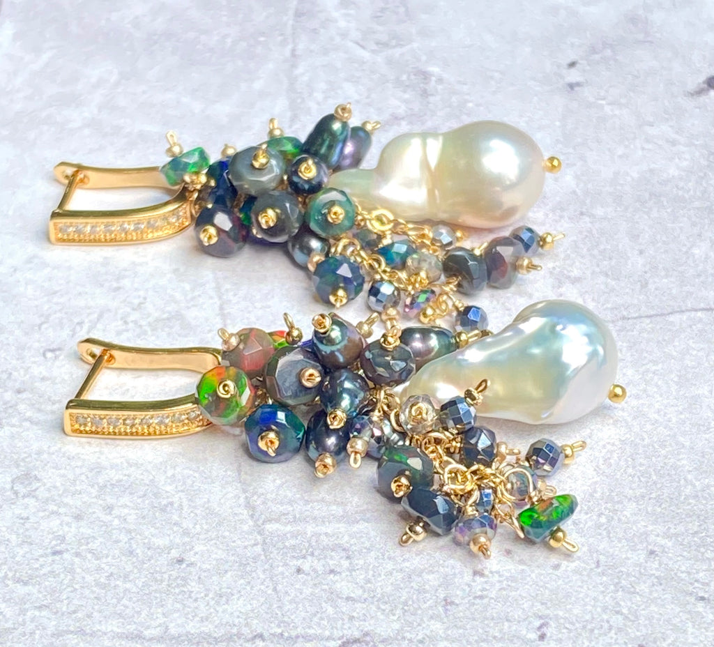 Baroque Pearl Earrings Black Ethiopian Opal Gold Fill Cluster
