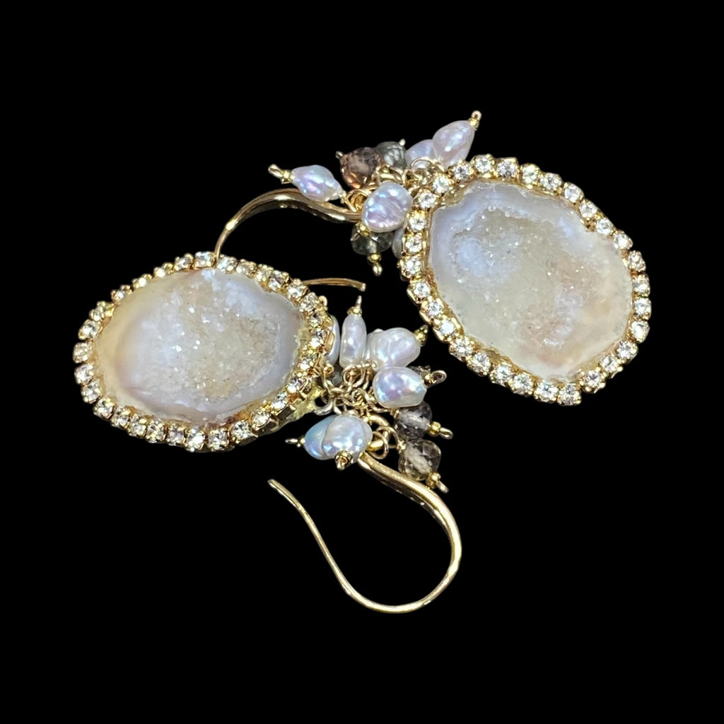 Ivory Tabasco Geode Earrings with Keishi Pearl and Natural Zircon Gem Clusters