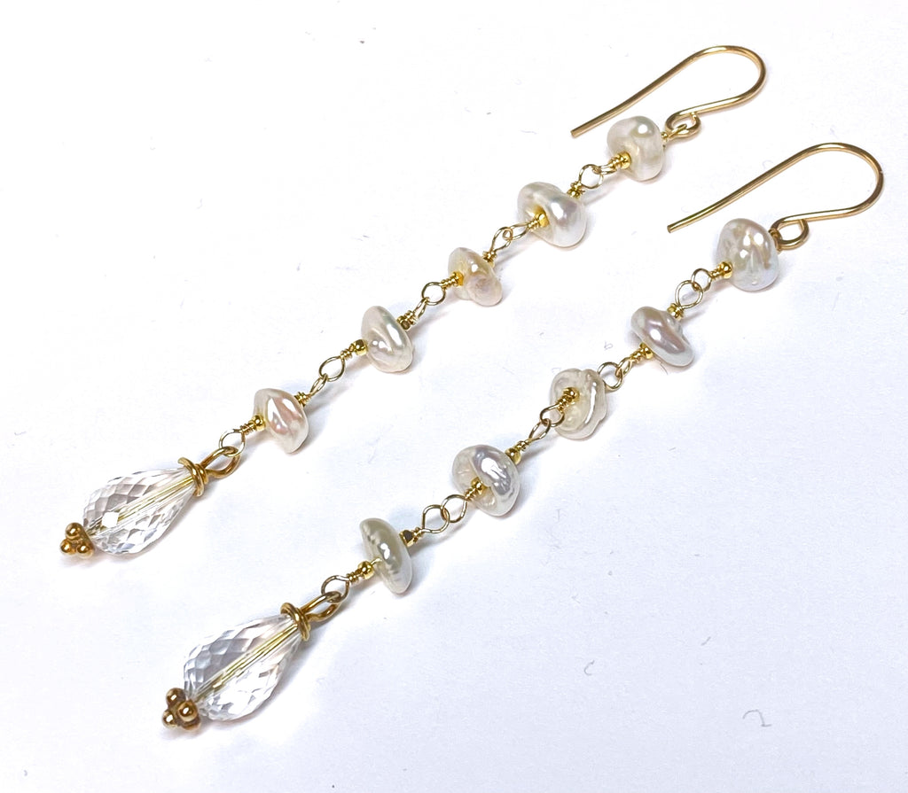 Crystal Quartz Dangle Earrings, Long Shoulder Duster Earrings with Keishi Pearls