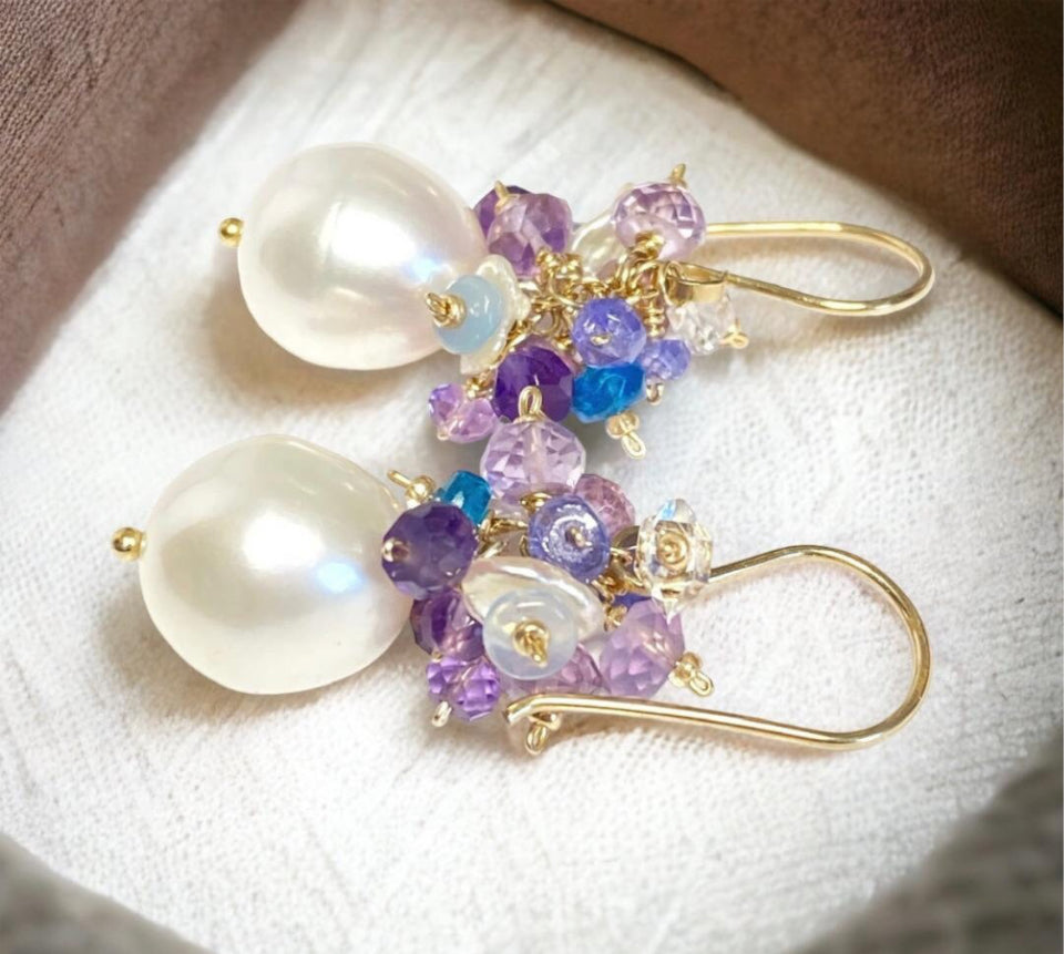 Gemstone Cluster Pearl Earrings Amethyst Tanzanite Gold