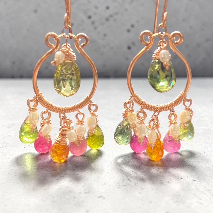 Multicolor Tourmaline Rose Gold Fill Hoop Chandelier Earrings