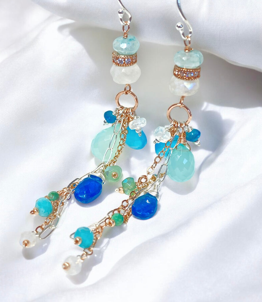 Long Boho Dangle Earrings with Aqua and Blue Chalcedony Mixed Metals