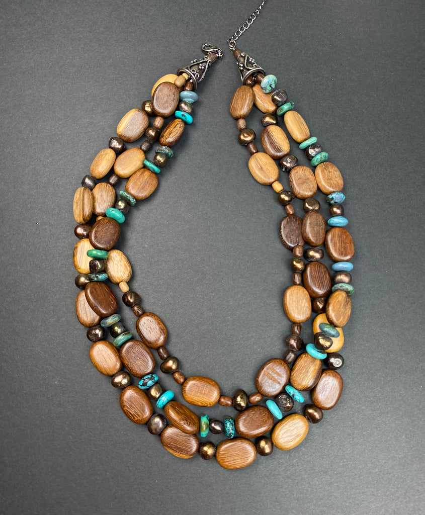 Triple Strand Chunky Beaded Necklace:  Turquoise, Pearl, Wood, Sterling Silver