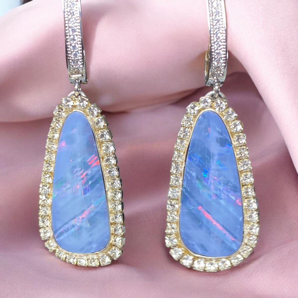 Australian Black Opal Earrings Lightning Ridge Diamond Look Sterling Silver - Doolittle