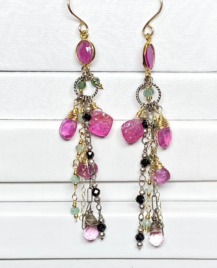 Pink Sapphire and Multi Gemstone Long Dangle Earrings Mixed Metals