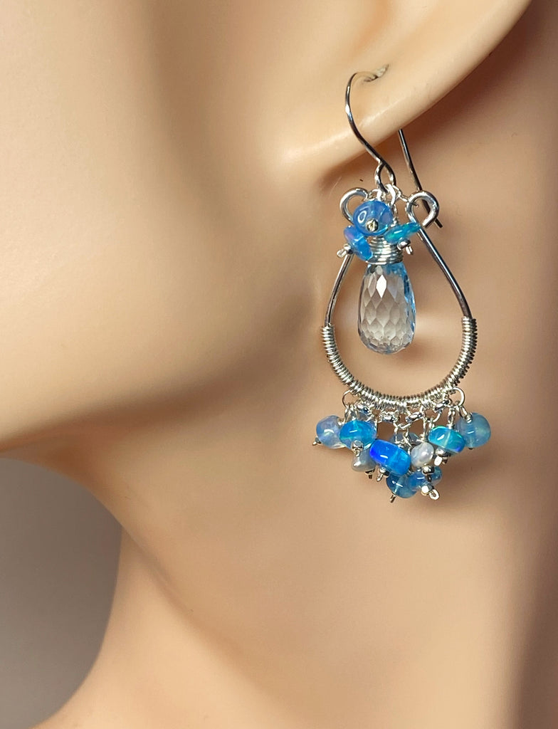 Blue Topaz and Opal Hoop Chandelier Earrings Sterling Silver