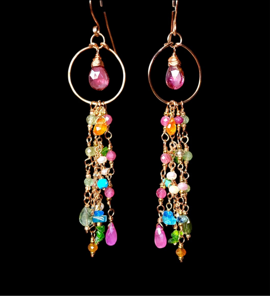 Pink Tourmaline Multicolor Gemstone Long Boho Dangle Earrings Rose Gold