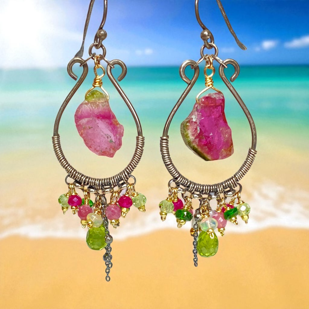 Pink Sapphire, Peridot, Watermelon Tourmaline Hoop Chandelier Earrings