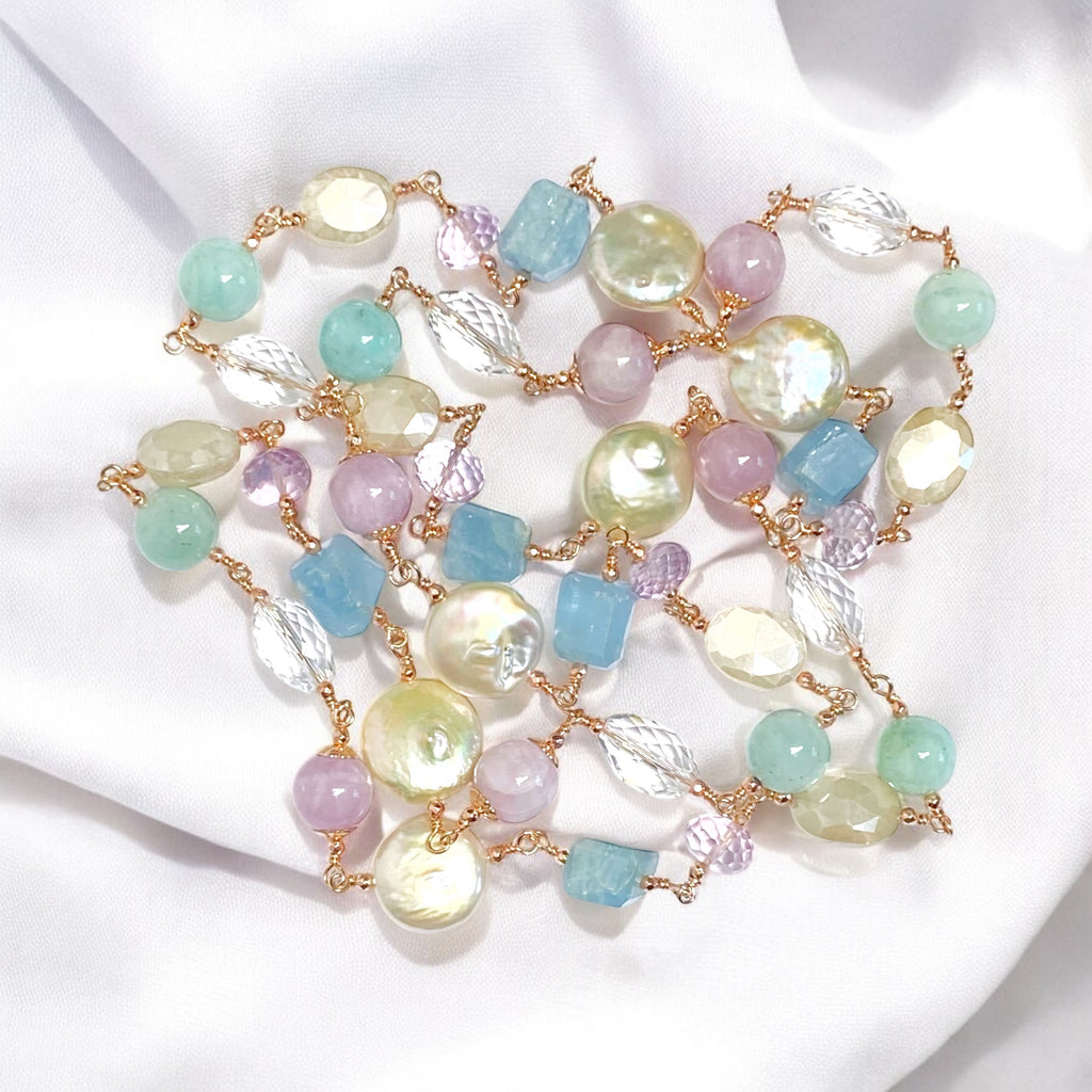 Long Multi Gemstone Pearl Necklace Aquamarine Amethyst Kunzite Rose Gold Fill