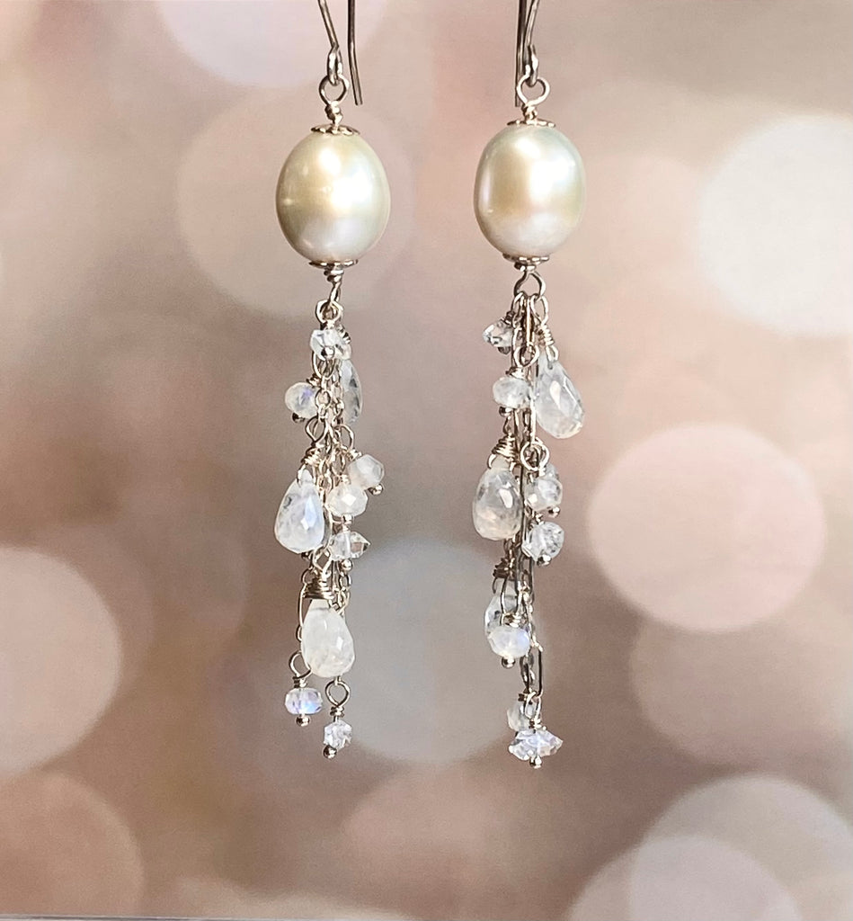Pearl Moonstone Bridal Dangle Earrings Sterling Silver with Herkimer Diamonds