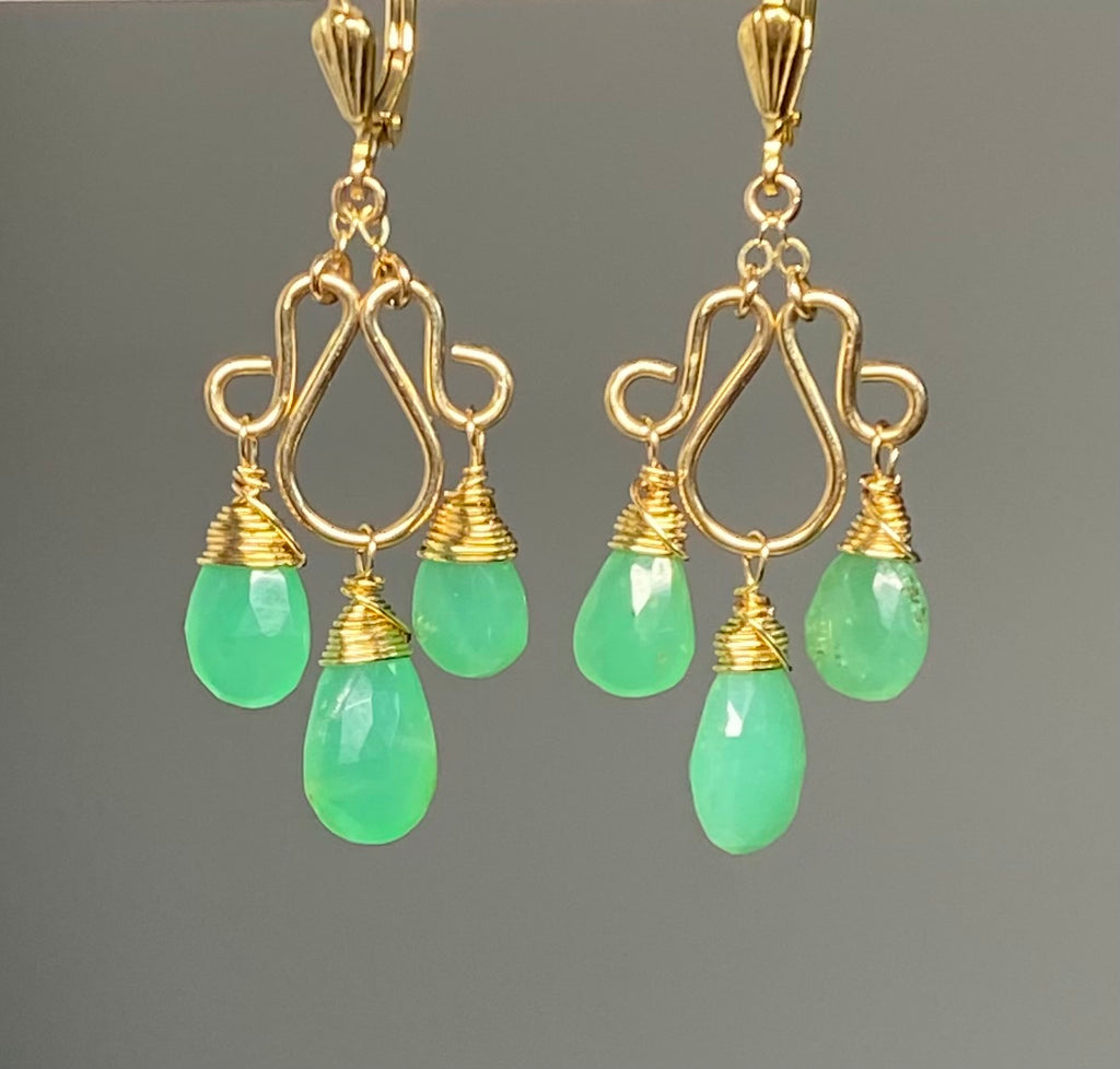 Green Chrysoprase Gemstone Chandelier Earrings Gold