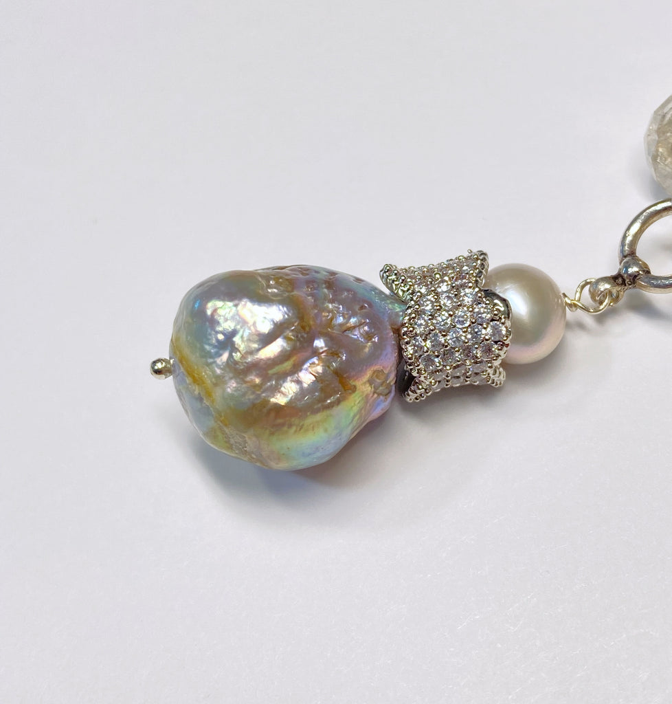 Mystic Silver Quartz and Pearl Long Wire Wrap Necklace Sterling Silver