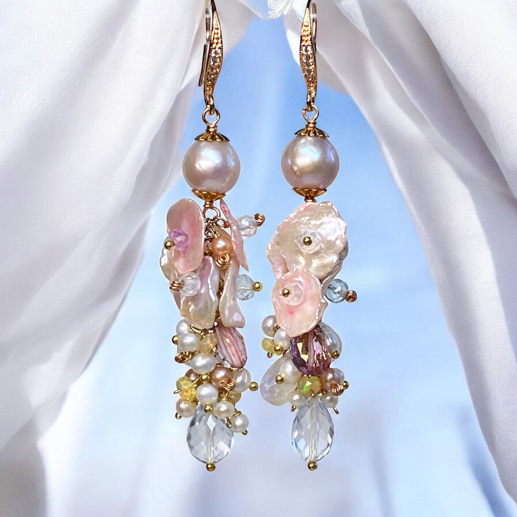 Blush Keishi Pearl Pink Topaz Ivory Pearl Rose Gold Long Dangle Bridal Earrings